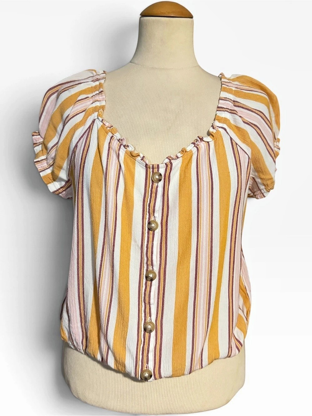 Aeropostale Striped Button Front Blouse Yellow White Size L